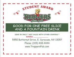 A student award voucher for a free slice of pizza and a soda at Trapper's Pizza Pub.