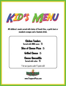 Trappers Kid's Menu 2016