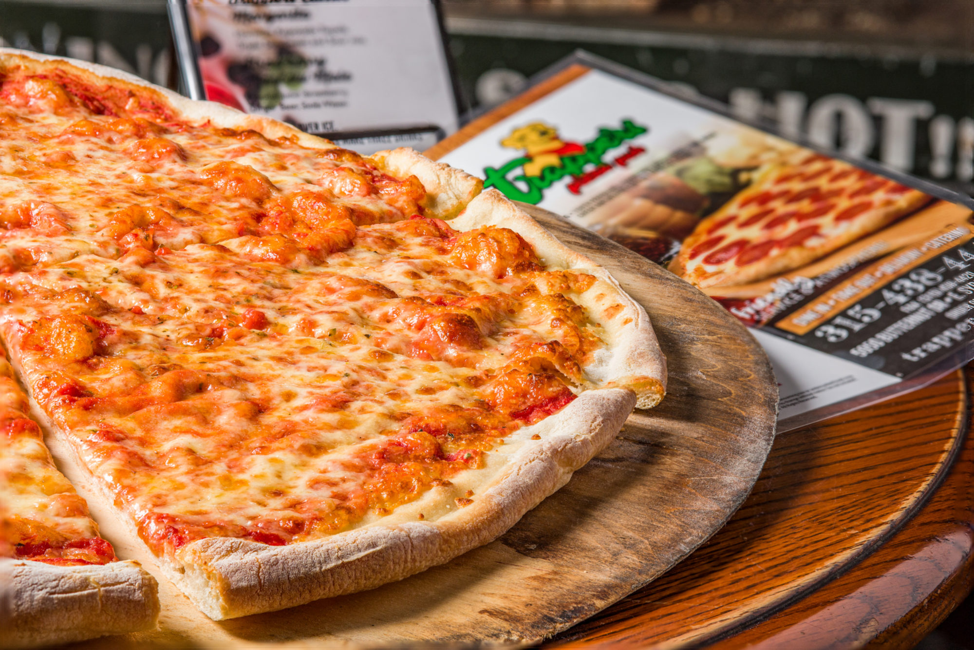 Large cheese pizza from Trapper's Pizza Pub